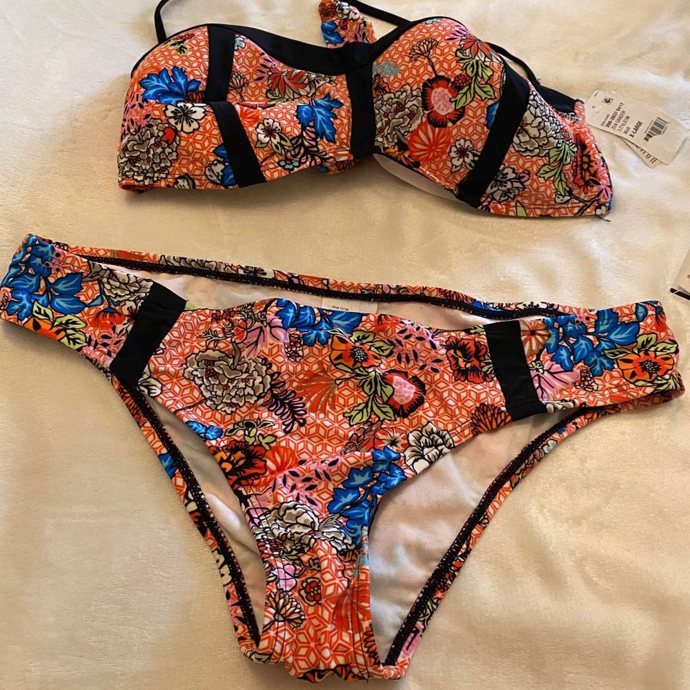 NWT By the Beach Black and Orange Print Bikini Zen Garden Size XL